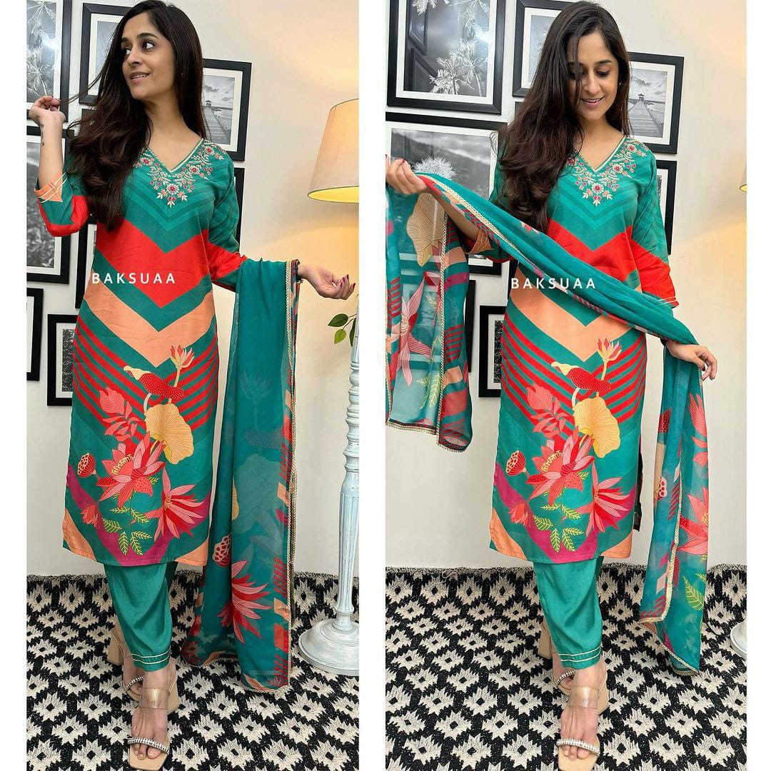 MT Green Mehera Chinon Printed Kurti With Bottom Dupatta Wholesale Shop In Surat